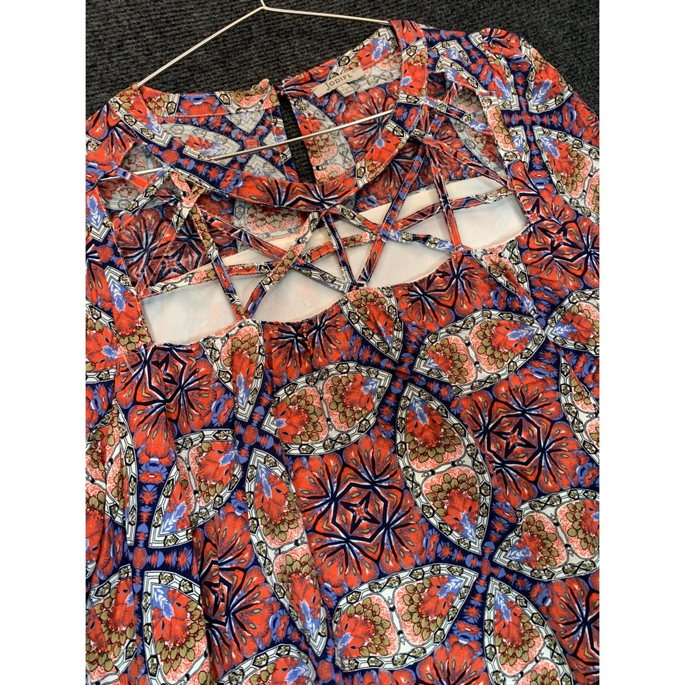Jodifl Lattice Neck Tunic Dress L Indie Floral Blue Boho Flare Paisley Cutout 70